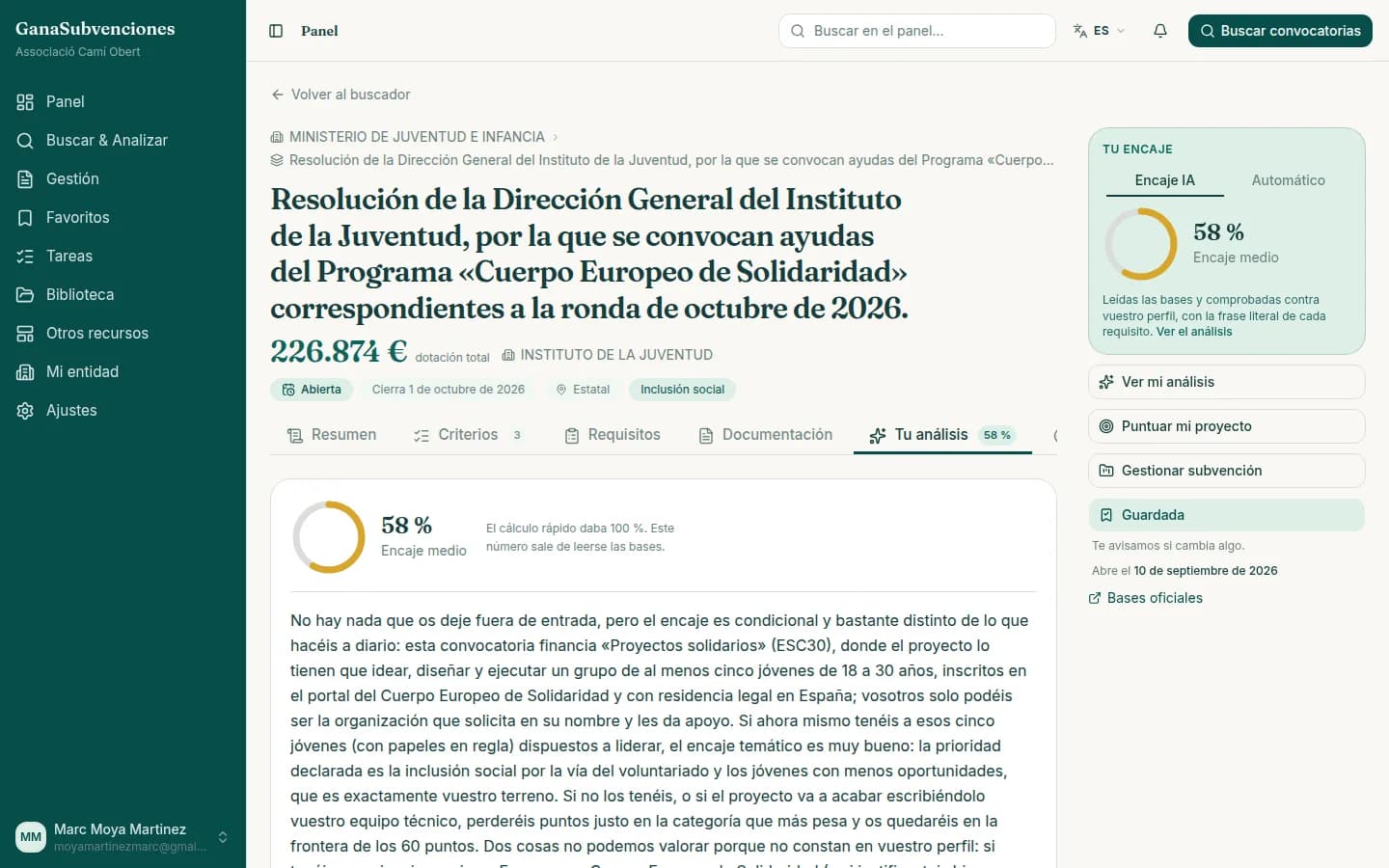 La ficha de una convocatoria con el análisis de encaje de la entidad, su porcentaje y los puntos fuertes y débiles